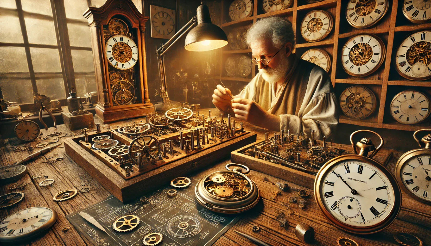 Clockmaker’s workshop with intricate timepieces highlighting history of pomiaru czasu and zegary mechaniczne Image