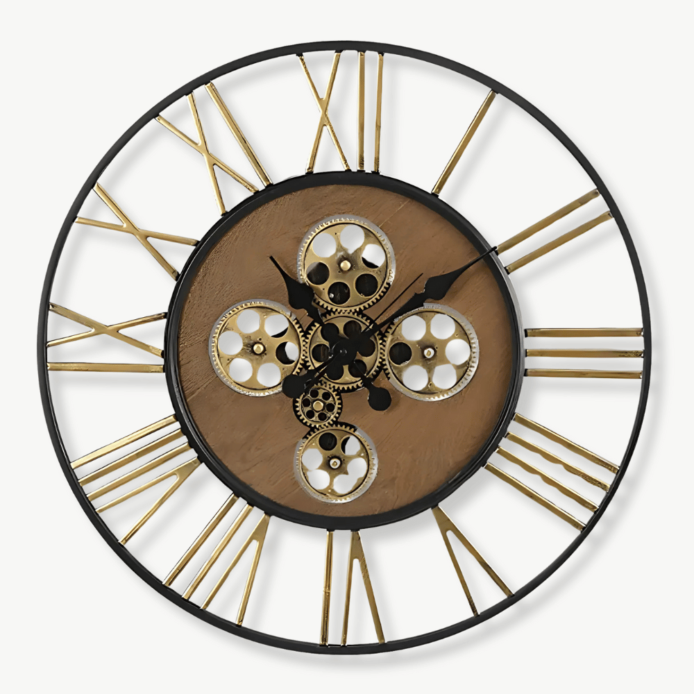 Duży zegar ścienny steampunk 60 cm z obracającymi się złotymi kołami zębatymi