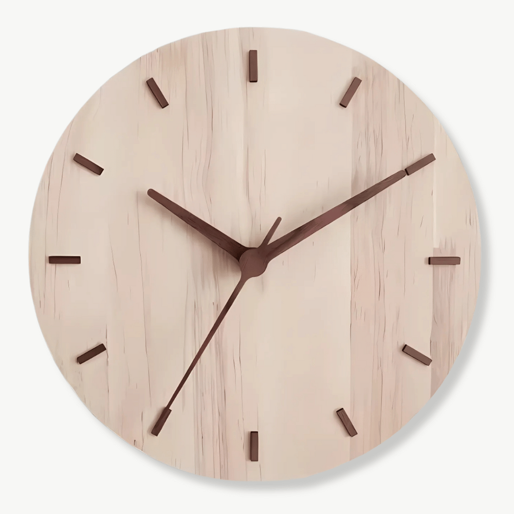 Zegar ścienny drewniany minimalistyczny 30 cm na białej ścianie