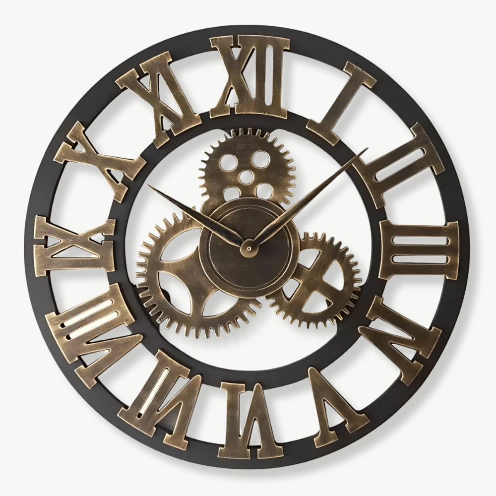 Zegar ścienny steampunk z drewnianymi zębatkami 3D w kolorze brązu