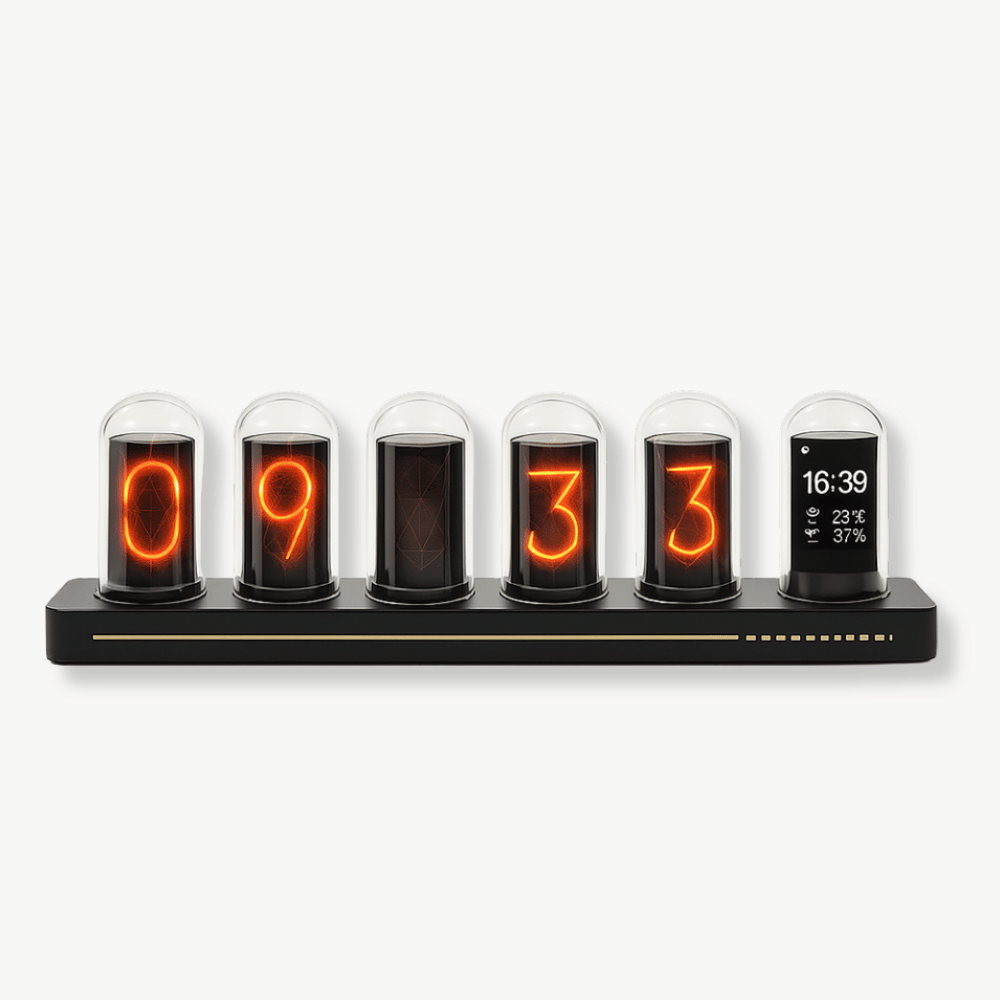Zegar nixie animowany retro z podświetlanymi rurkami szklanymi