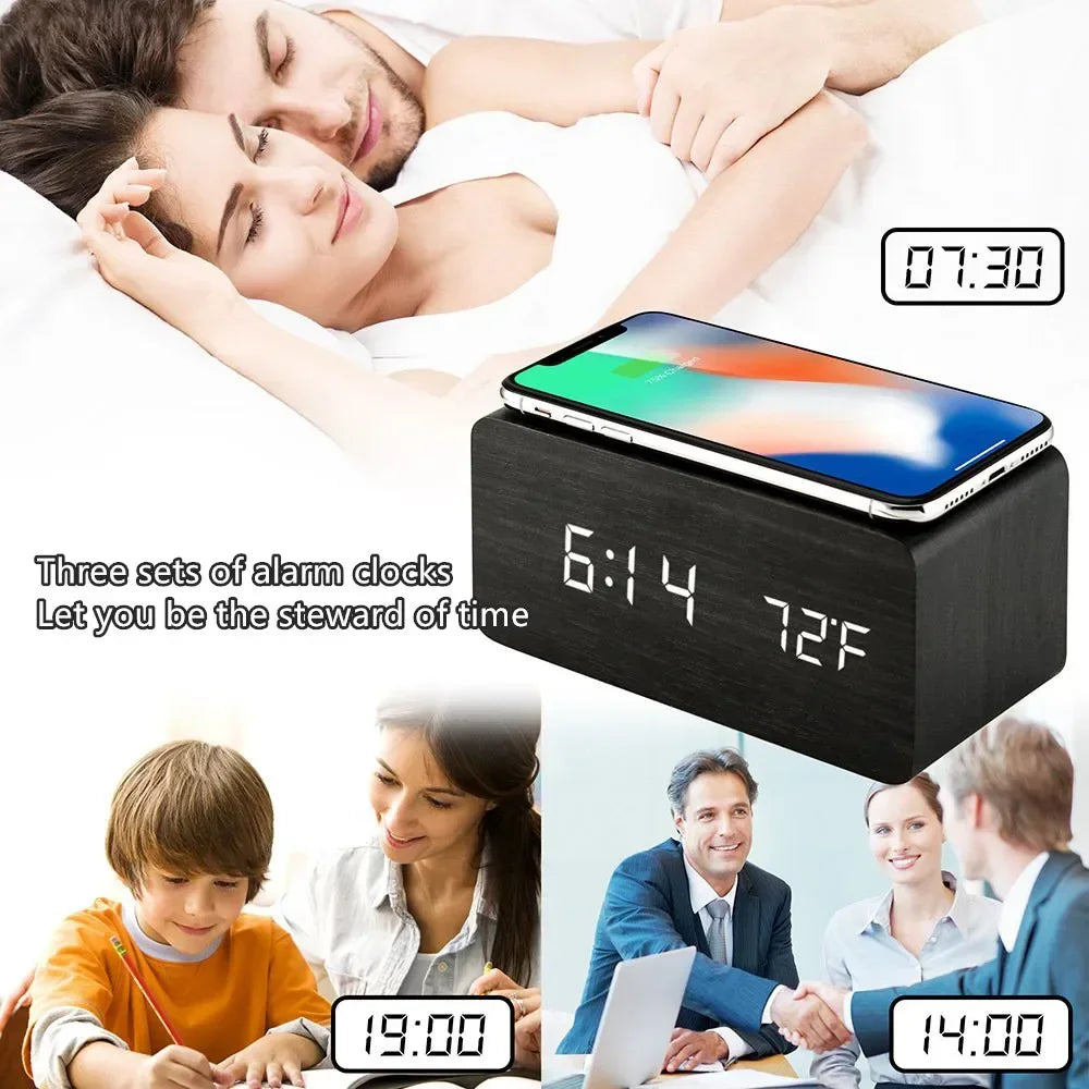 Budzik LED drewniany z ładowarką Qi i wyświetlaczem temperatury