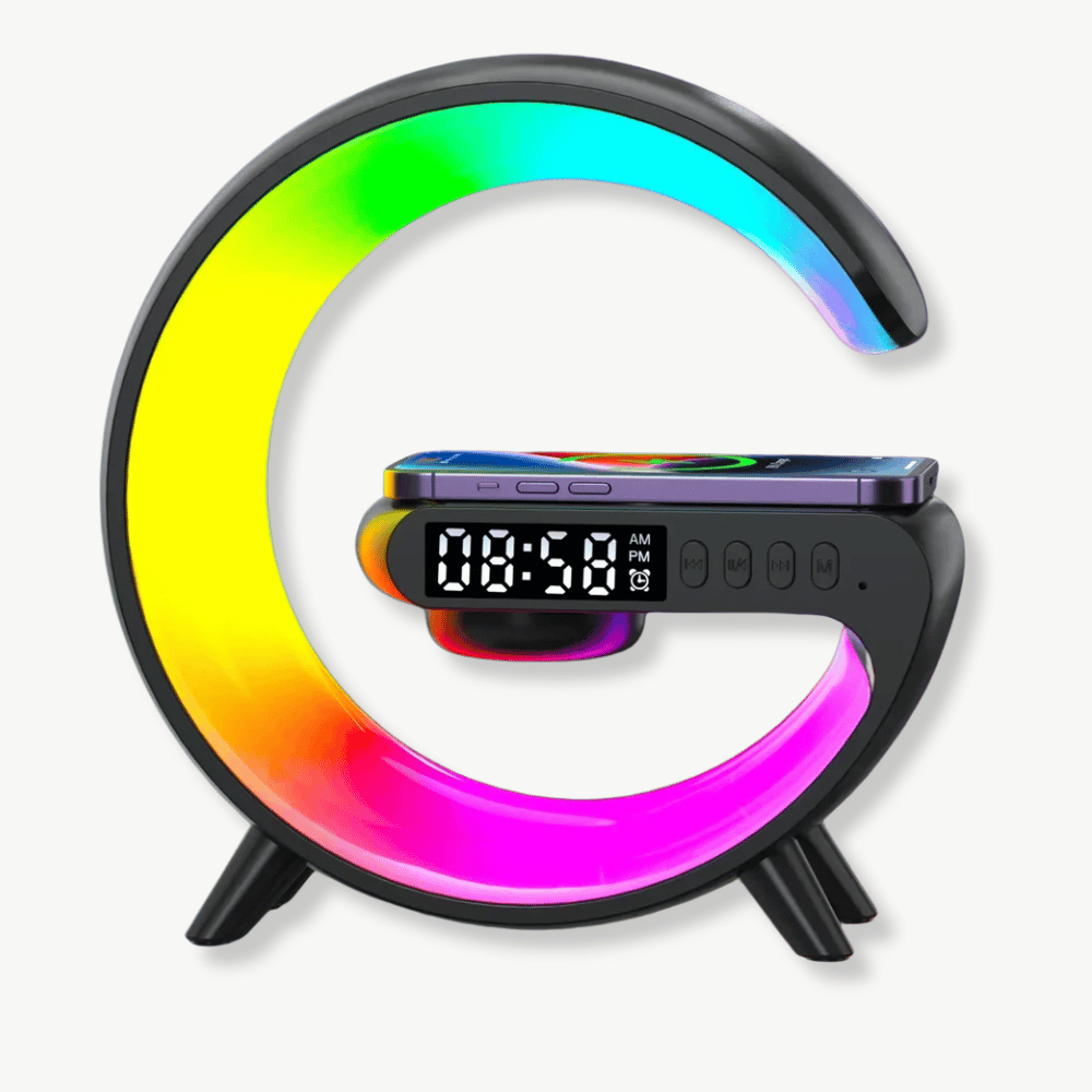 Budzik RGB z ładowarką bezprzewodową 15W i głośnikiem Bluetooth w kolorze białym
