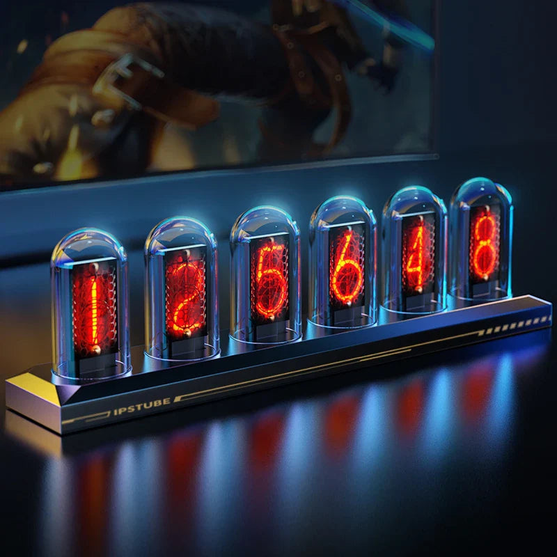 Zegar retro-futurystyczny nixie na tle nowoczesnego wnętrza