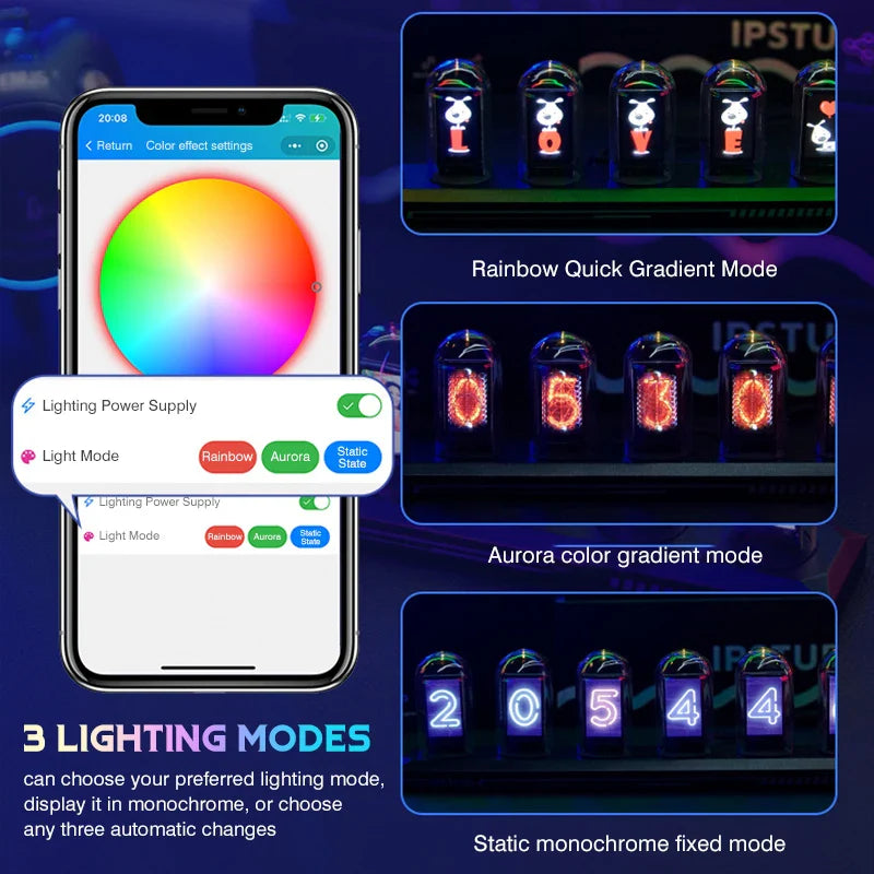 Zegar nixie RGB personalizowany - retro-futurystyczny z drewna