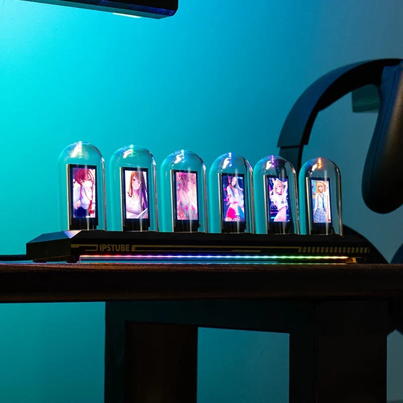 Rurki nixie świecące kolorami RGB - widok z bliska