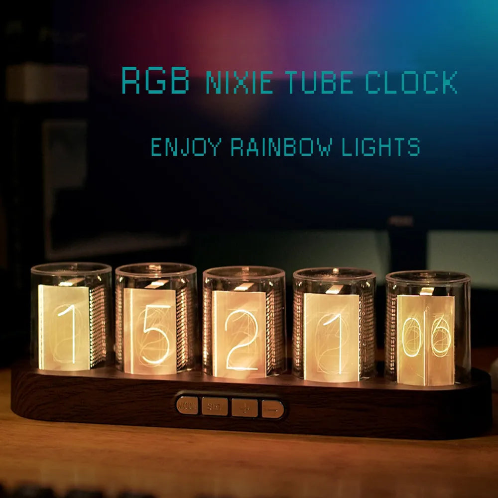 Zegar nixie czarny z tęczowym efektem świetlnym RGB