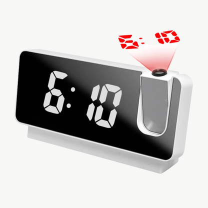 Budzik LED z projektorem sufitowym w kolorze czarnym na szafce nocnej