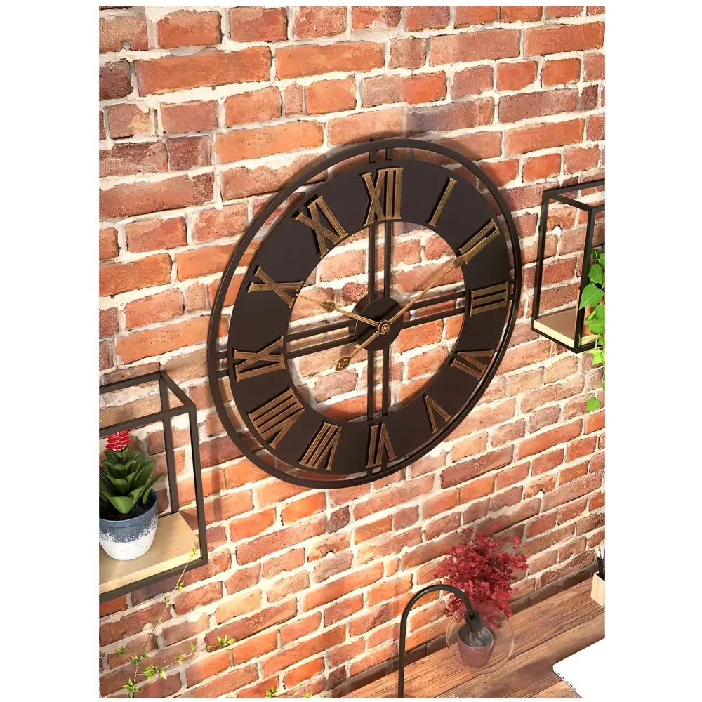 Duży zegar ścienny industrialny metalowy 58 cm złote cyfry