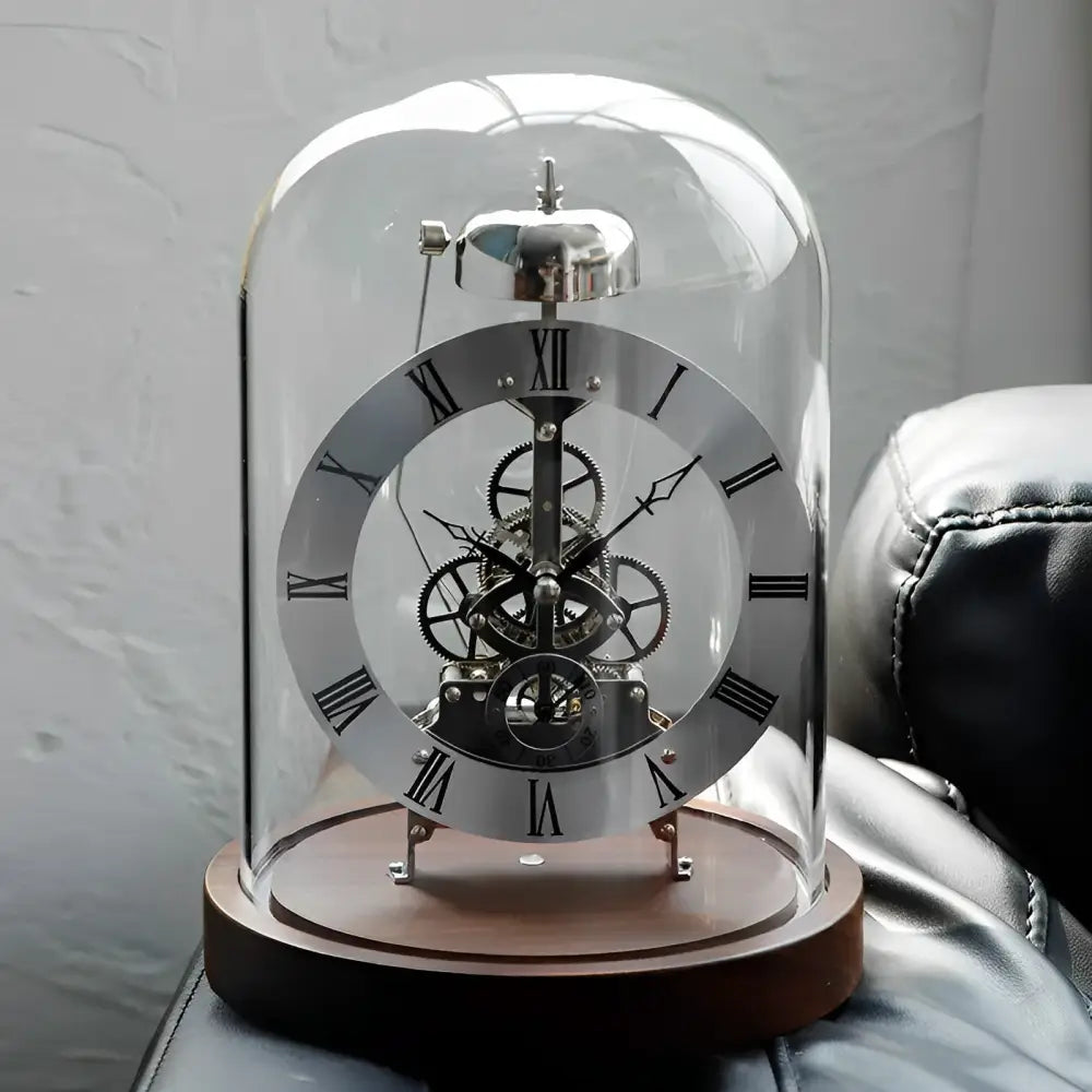 Zegar stojący mechaniczny Tempus Machina z drewna orzechowego i szkła