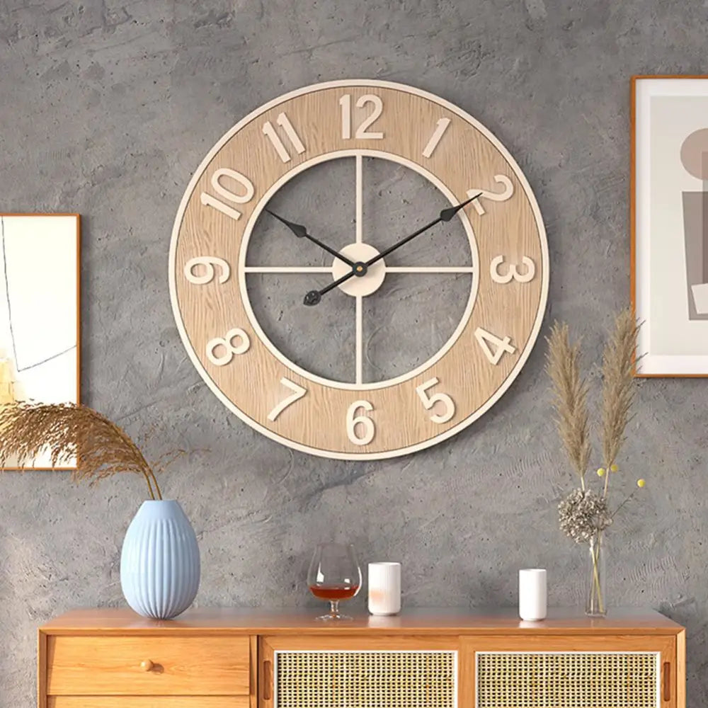 Zegar ścienny drewniany w salonie - minimalistyczny design