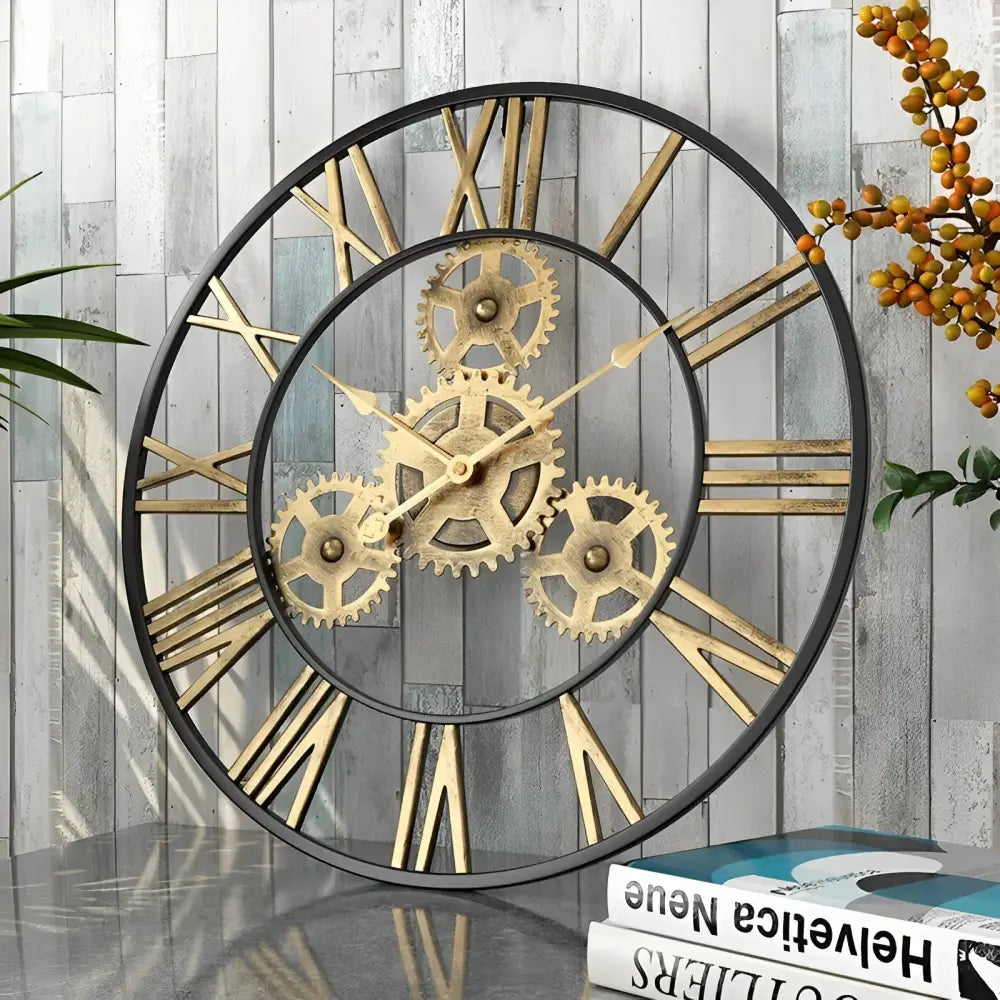 Zegar ścienny retro złoty 60 cm, okrągły, wskazówkowy