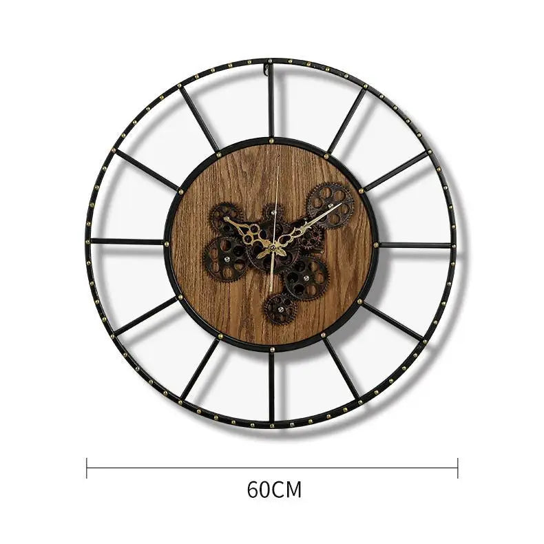 Zegar ścienny z kołami zębatymi - drewno i metal, 60 cm