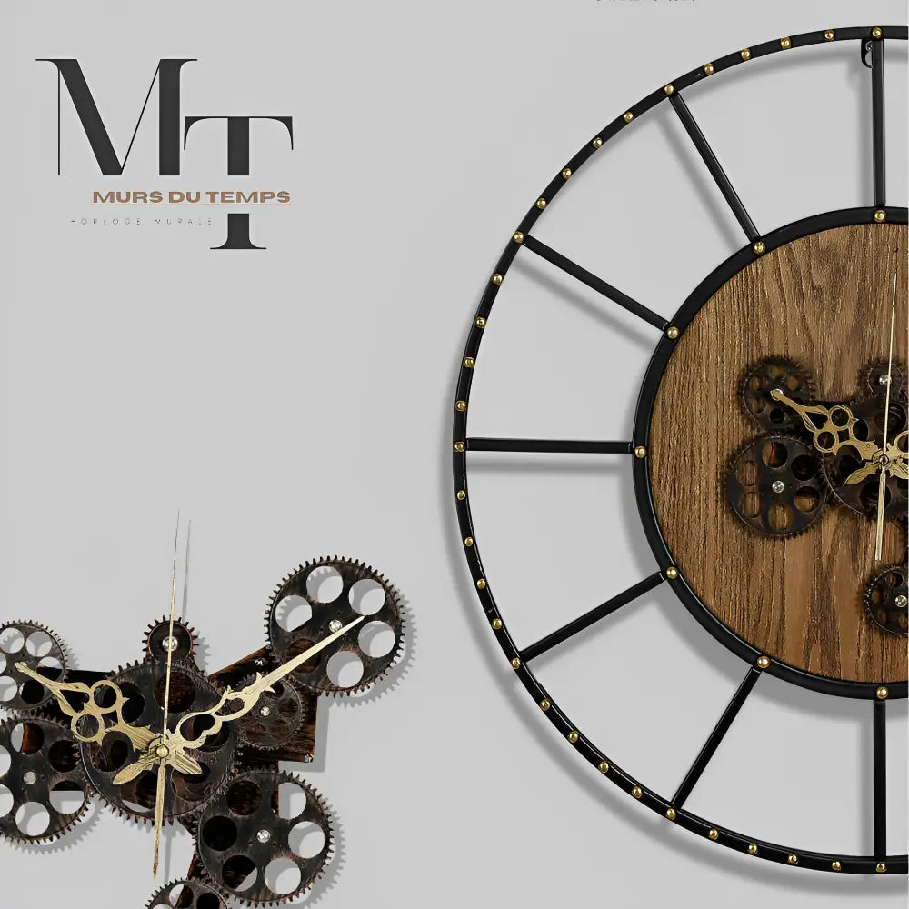 Zegar ścienny z kołami zębatymi - drewno i metal, 60 cm