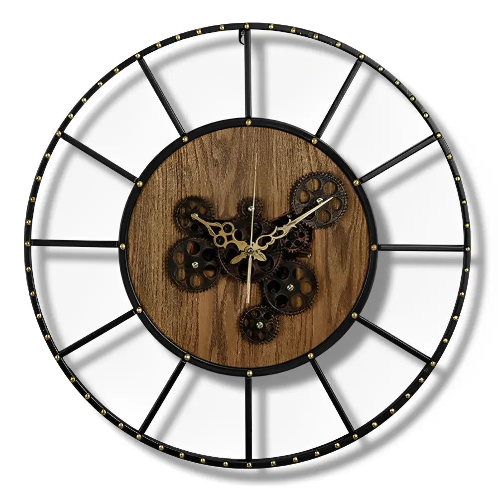 Zegar ścienny z kołami zębatymi - drewno i metal, 60 cm