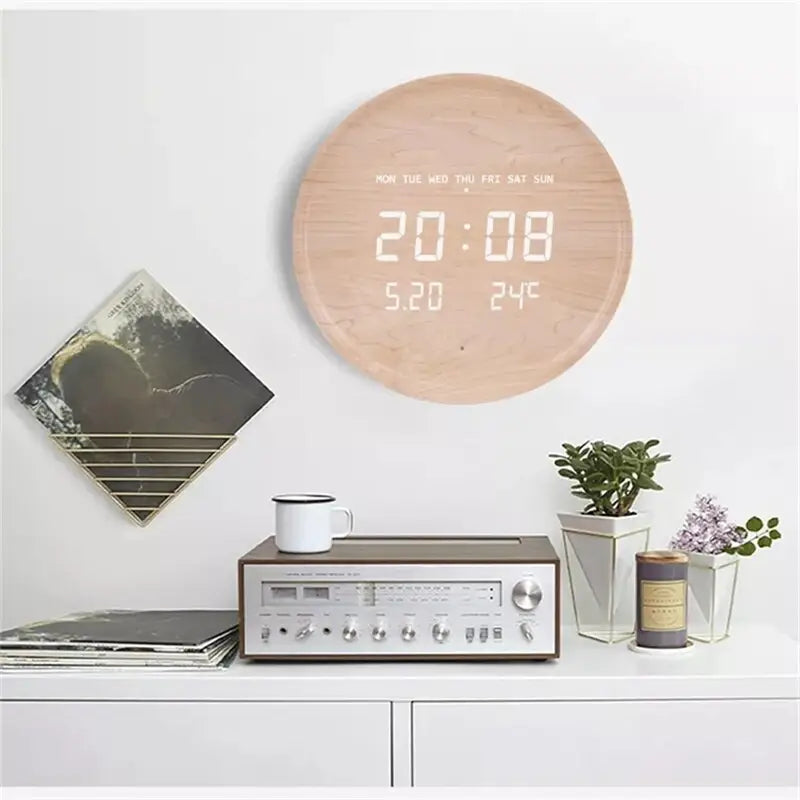 Zegar ścienny LED drewniany z wyświetlaczem cyfrowym 30 cm