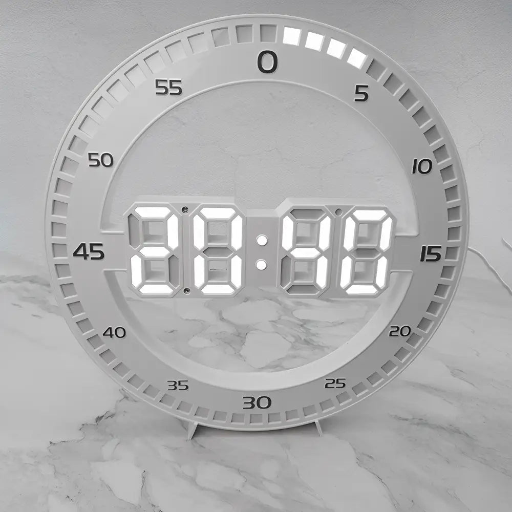 Zbliżenie wyświetlacza LED zegara ściennego 3D z datą i godziną