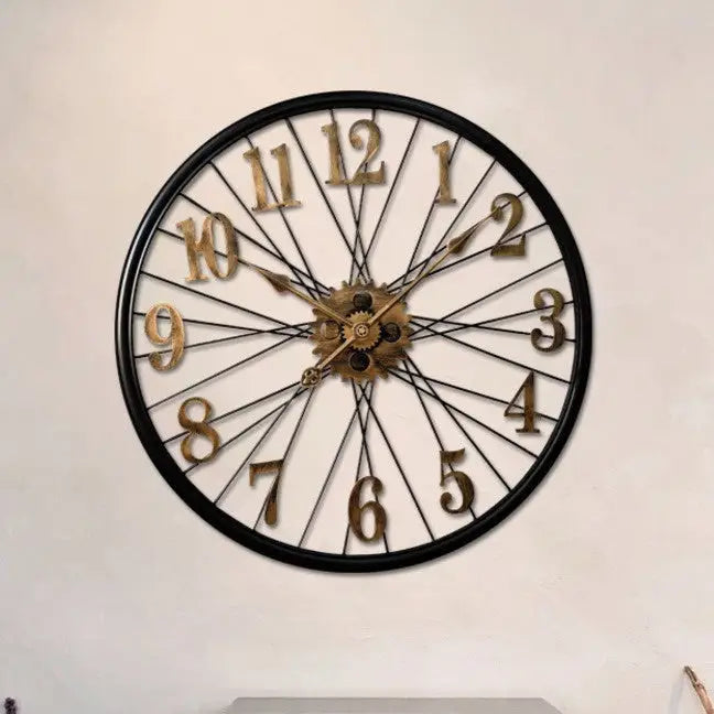 Zegar ścienny metalowy koło retro 60 cm - widok z bliska na zębatki