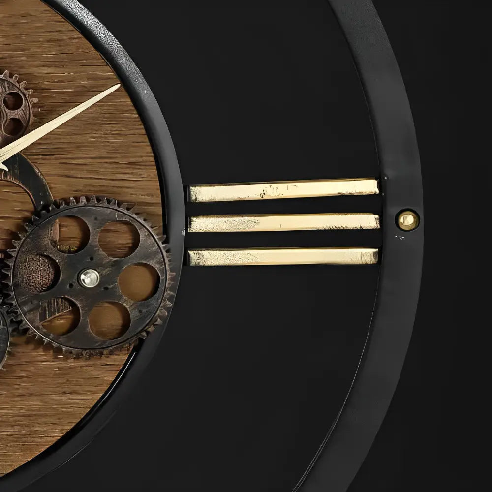 Detal kół zębatych zegara ściennego vintage metal bambus