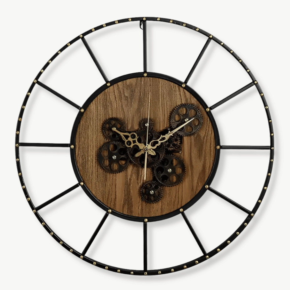 Zegar ścienny z kołami zębatymi drewno metal 60 cm