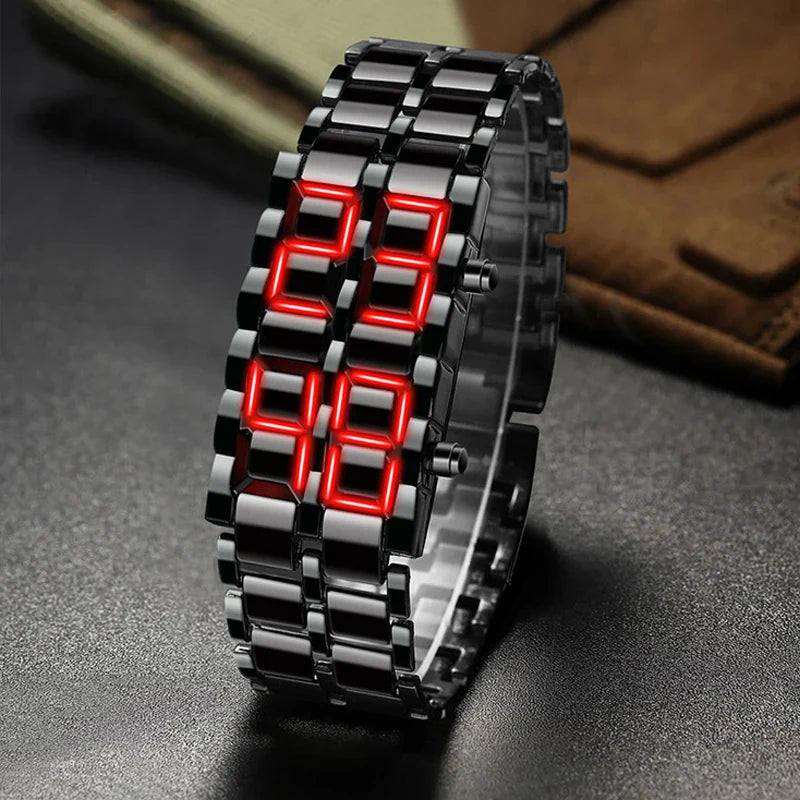 Zegarek cyfrowy LED metalowy z alarmem na czarnej bransolecie